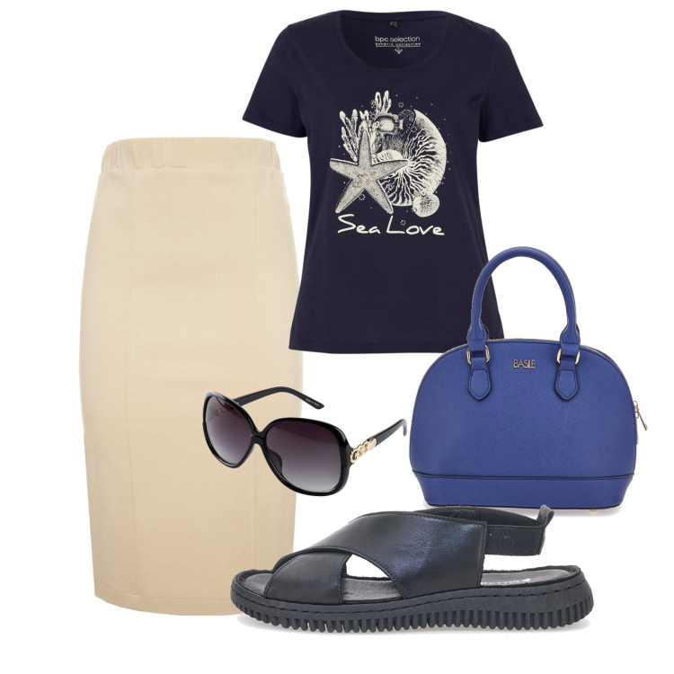 Outfit donna - Comoda. Stile Bon Ton per Tutti i giorni. Abbinamento con t-shirt, occhiali da sole, sandali in pelle, borse a mano, gonne.