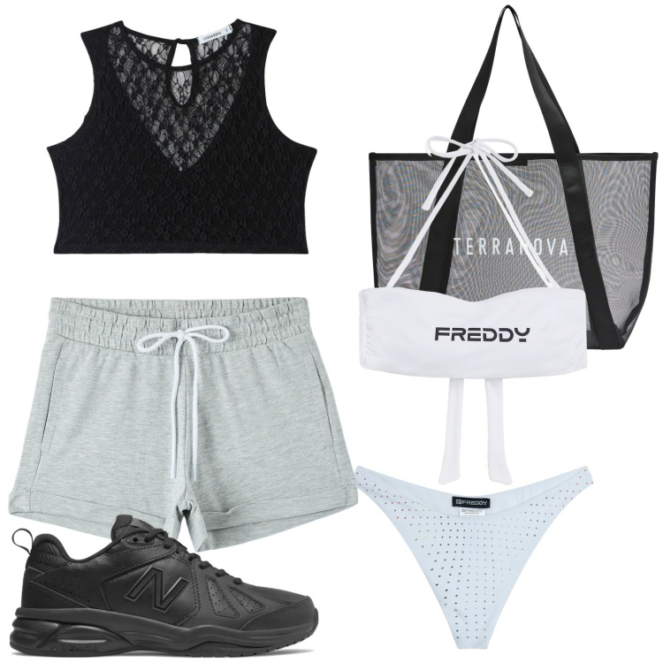 Outfit donna - Pomeriggio al mare. Stile Basic per Mare. look ideale per Petite. Abbinamento con top, pantaloni corti, shopping bag, sneakers, bikini, bikini.