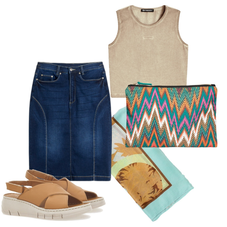 Outfit donna - Very simple. Stile Basic per Tutti i giorni. Abbinamento con gonne, top, sandali in pelle, pochette, foulard.