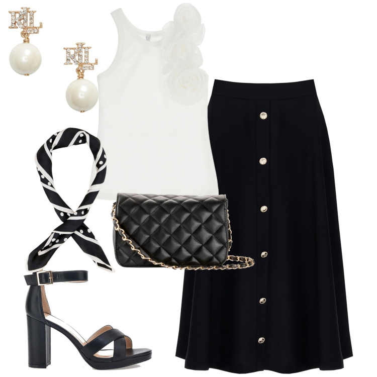 Outfit donna - La gonna coi bottoni. Stile Minimal per Tutti i giorni. Abbinamento con borse a tracolla, gonne longuette, foulard, canottiere, orecchini, sandali col tacco.