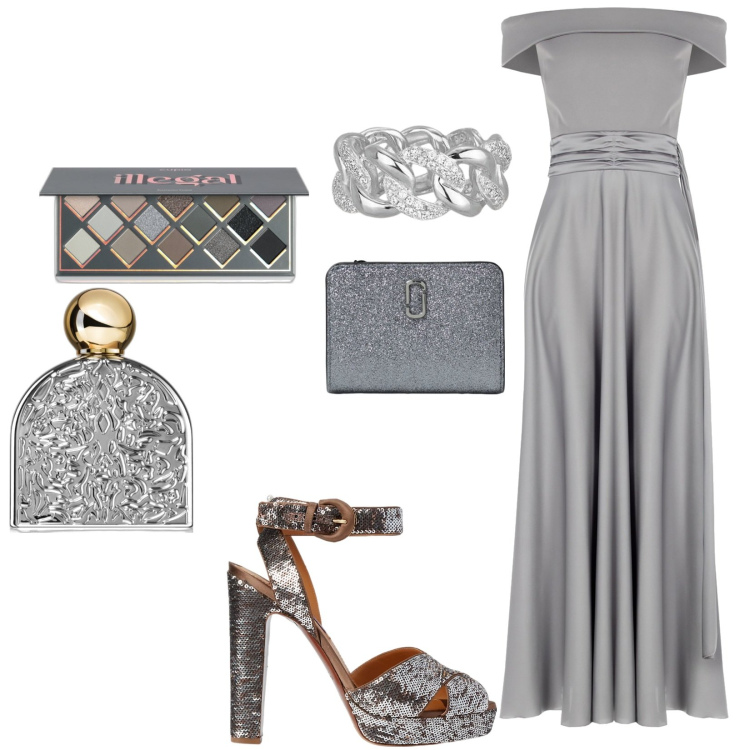 Outfit donna - Total look #1940032. Stile Glamour per Cerimonia. Abbinamento con profumi, ombretti, anelli, vestiti lunghi, sandali col tacco, portafogli.