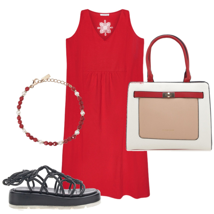 Outfit donna - Red Summer. Stile Bon Ton per Tutti i giorni. Abbinamento con braccialetti, sandali alla schiava, vestiti lunghi, borse a spalla.