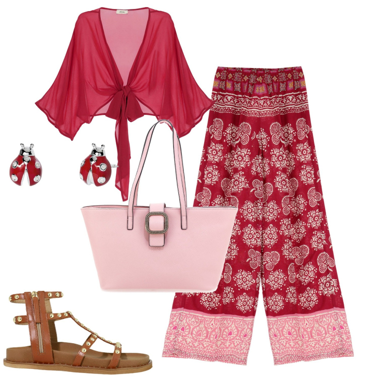 Outfit donna - Al mare. Stile Casual chic per Mare. Abbinamento con orecchini, pantaloni a palazzo, sandali, cardigans, borse a spalla.