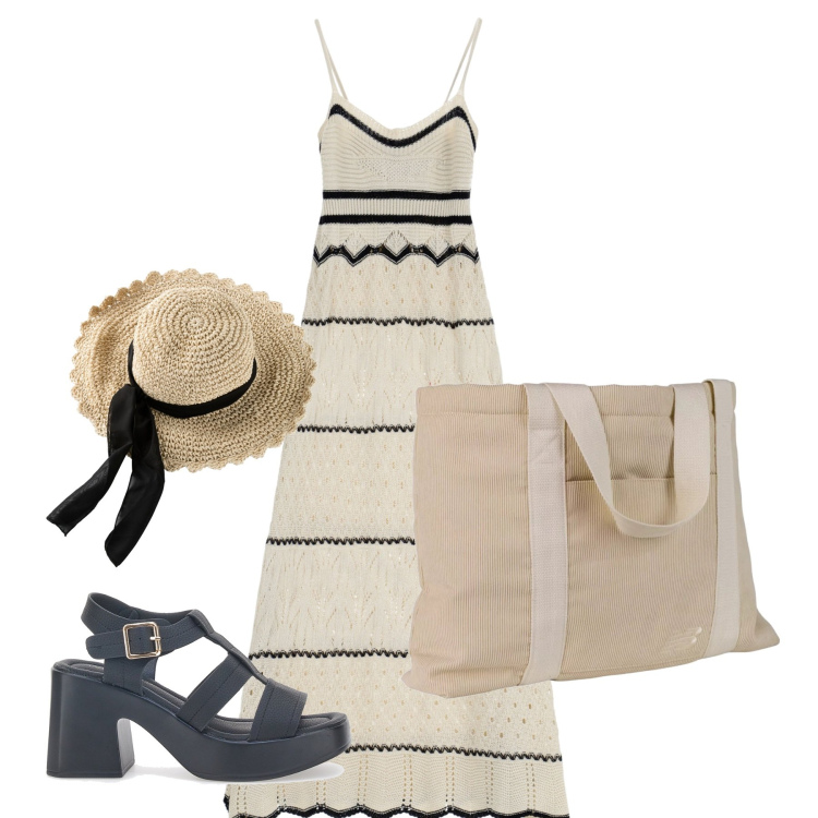 Outfit donna - Chi ha una vita. Stile Romantica per Tutti i giorni. Abbinamento con cappelli, shopping bag, vestiti lunghi, sandali col tacco.