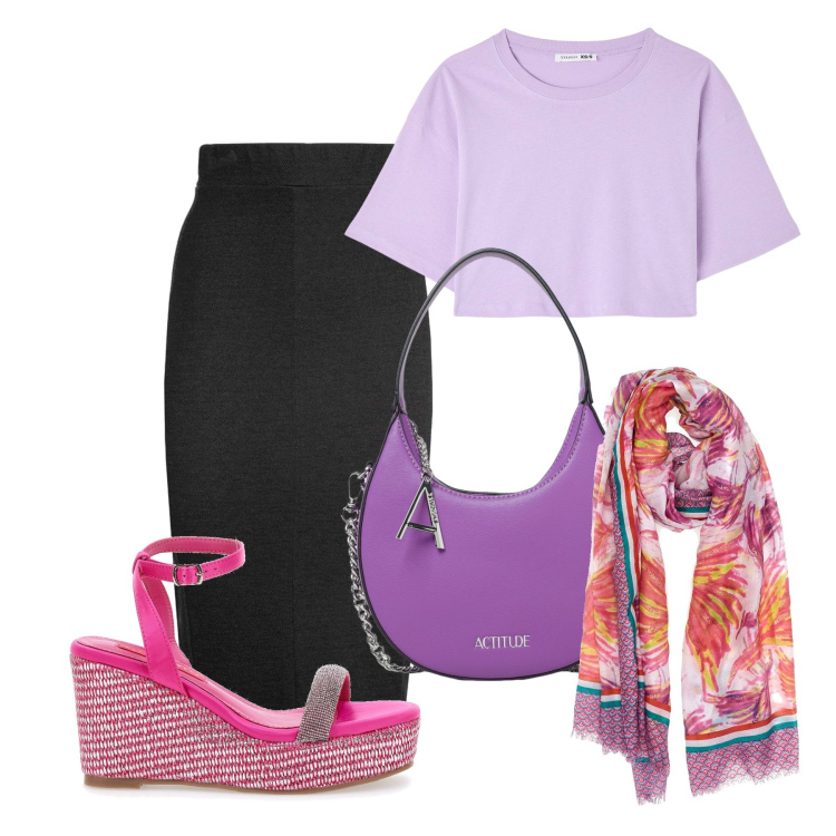 Outfit donna - Sfumature di viola. Stile Bon Ton per Tutti i giorni. Abbinamento con t-shirt, sciarpe, gonne lunghe, borse a spalla, sandali col tacco.