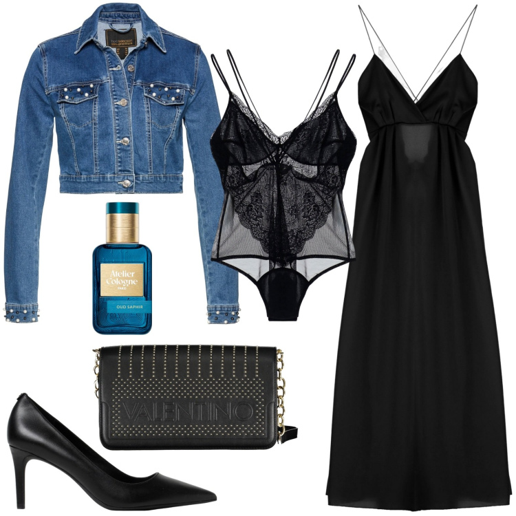 Outfit donna - Serata. Stile Glamour per Serata fuori. look ideale per Petite. Abbinamento con blazer, profumi, body, vestiti lunghi, décolleté, borse a tracolla.