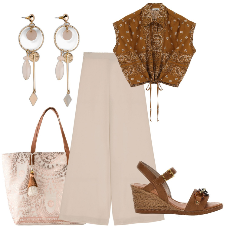 Outfit donna - Bobo chic per l’estate. Stile Boho per Tutti i giorni. Abbinamento con orecchini, shopping bag, camicie a manica corta, pantaloni a palazzo, sandali.