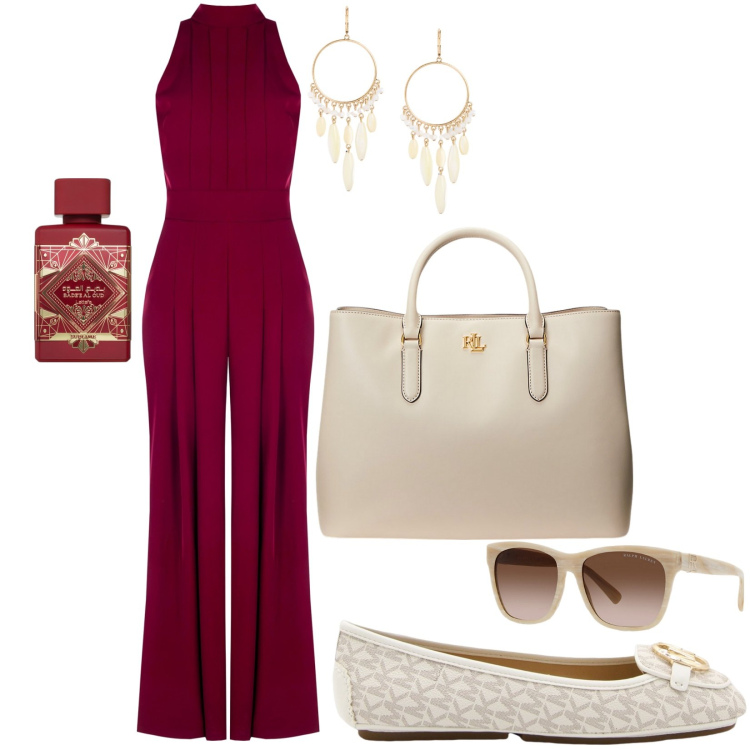 Outfit donna - Comoda passeggiata a capri. Stile Chic per Tutti i giorni. Abbinamento con profumi, tute, occhiali da sole, borse a mano, orecchini, ballerine.