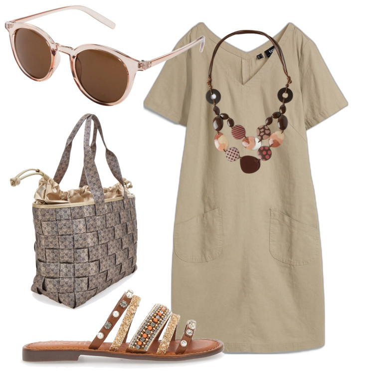 Outfit donna - Vestito di lino. Stile Boho per Tutti i giorni. Abbinamento con occhiali da sole, vestiti corti, collane, ciabatte, borse a spalla.