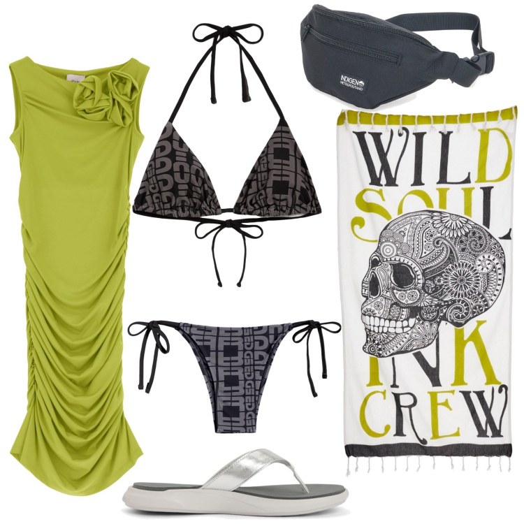 Outfit donna - Bikini nero con stampe. Stile Urban per Mare. look ideale per Petite. Abbinamento con ciabatte, bikini, bikini, vestiti corti, vestiti da spiaggia, marsupi.