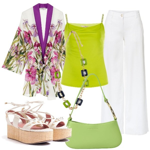 Outfit donna - Serata d\'Agosto. Stile Glamour per Serata fuori. Abbinamento con pantaloni a palazzo, top, sandali col tacco, cardigans, ciondoli, borse a spalla.