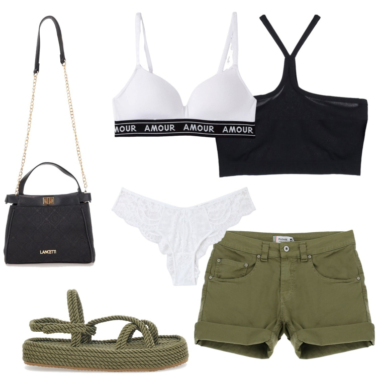 Outfit donna - Gli shorts verde oliva. Stile Basic per Tutti i giorni. look ideale per Petite. Abbinamento con reggiseni, culotte, shorts, top, borse a tracolla, sandali.