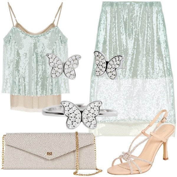 Outfit donna - Una sera d\'Agosto. Stile Glamour per Serata fuori. Abbinamento con sandali col tacco, anelli, orecchini, pochette, gonne longuette, top.