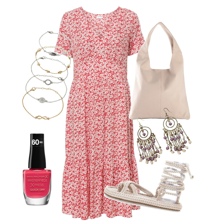 Outfit donna - Seventies Style!!!. Stile Boho per Mare. Abbinamento con braccialetti con ciondoli, vestiti, shopping bag, smalti, orecchini, sandali.