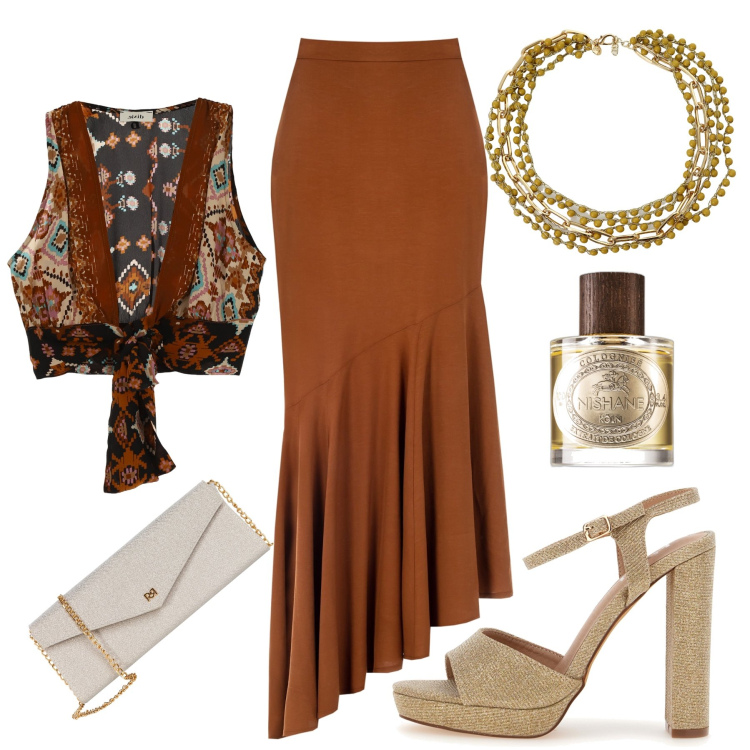 Outfit donna - Boho con i tacchi !. Stile Boho per Serata fuori. Abbinamento con profumi, gonne, pochette, top, collane, sandali col tacco.