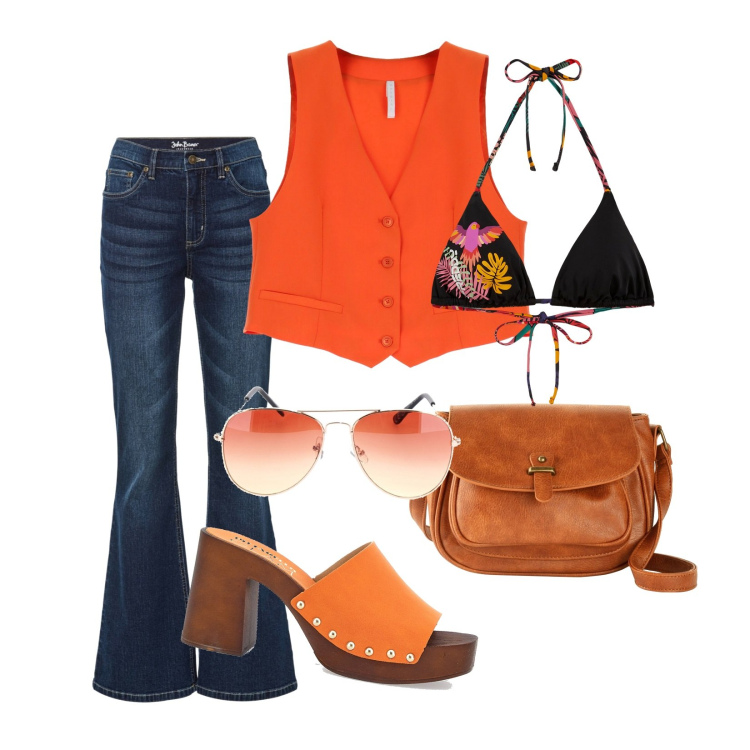 Outfit donna - Serata in stile Boho!!!. Stile Boho per Serata fuori. Abbinamento con jeans a zampa, borse a tracolla, gilet, bikini, zoccoli, occhiali da sole.