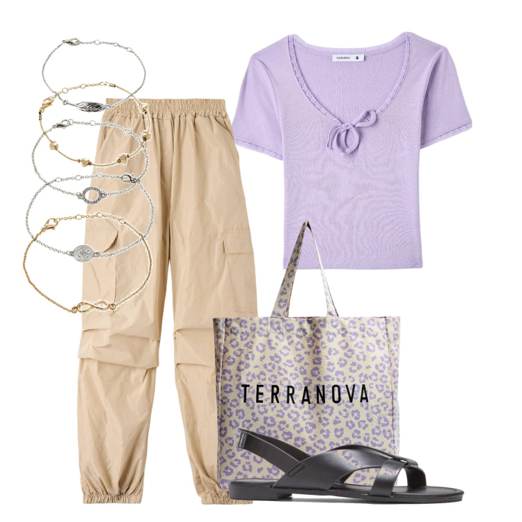 Outfit donna - Mattina. Stile Casual per Tutti i giorni. Abbinamento con braccialetti con ciondoli, sandali, shopping bag, pantaloni, t-shirt.