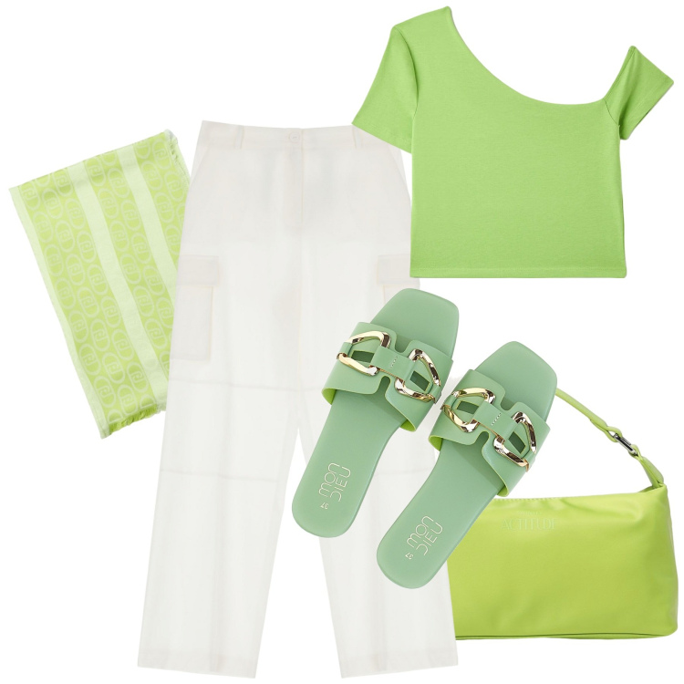 Outfit donna - Mela verde. Stile Bon Ton per Tutti i giorni. Abbinamento con t-shirt, pantaloni cargo, ciabatte, borse a spalla, sciarpe.