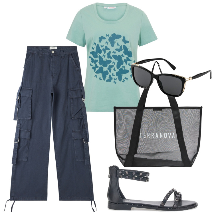 Outfit donna - Around. Stile Urban per Tutti i giorni. Abbinamento con occhiali da sole, t-shirt, pantaloni cargo, shopping bag, sandali.