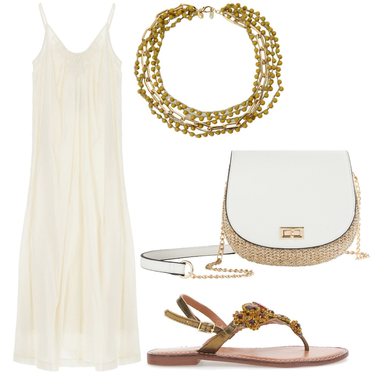Outfit donna - Serata in spiaggia. Stile Boho per Serata fuori. Abbinamento con borse a tracolla, collane, vestiti, sandali gioiello.