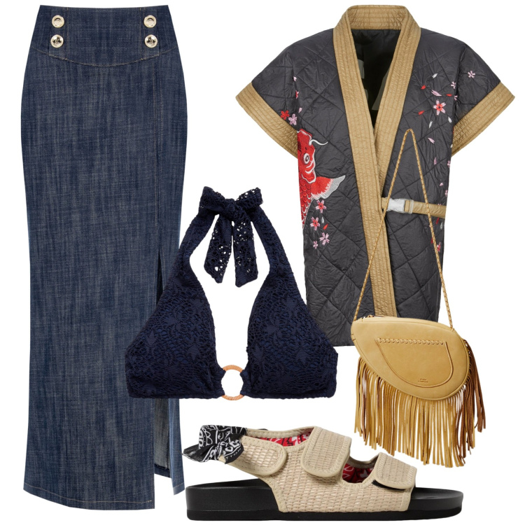 Outfit donna - Total look #1940099. Stile Boho per Serata fuori. Abbinamento con gonne lunghe, kimono, borse a tracolla, top, sandali.