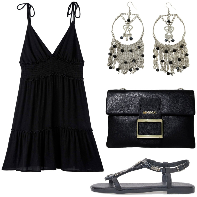 Outfit donna - Boho chic. Stile Boho per Serata fuori. Abbinamento con vestiti, pochette, orecchini, sandali gioiello.