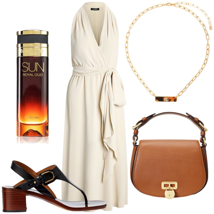 Outfit donna - La mia valigia. Stile Casual chic per Tutti i giorni. Abbinamento con profumi, vestiti senza maniche, borse a tracolla, sandali in pelle, collane.