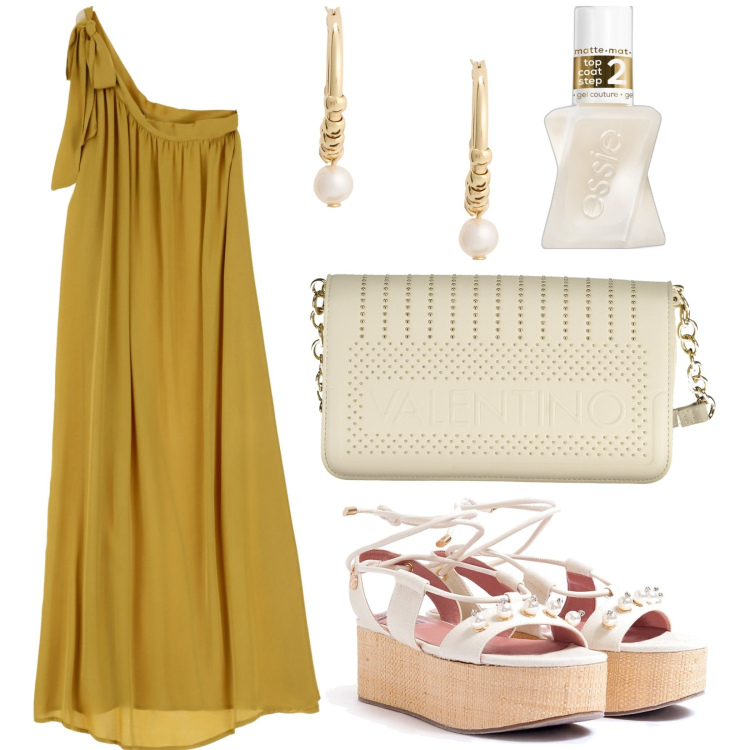 Outfit donna - Abito giallo monospalla. Stile Trendy per Serata fuori. Abbinamento con smalti, sandali col tacco, vestiti lunghi, orecchini, borse a tracolla.