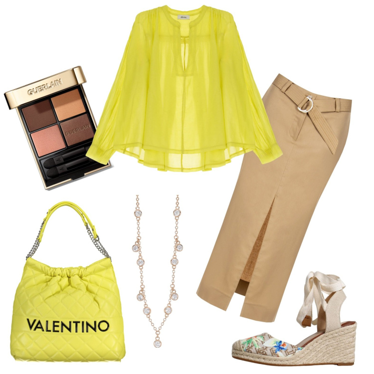 Outfit donna - Lime esplosivo!. Stile Casual chic per Tutti i giorni. Abbinamento con ombretti, collane, gonne longuette, bluse, zeppe, borse a spalla.