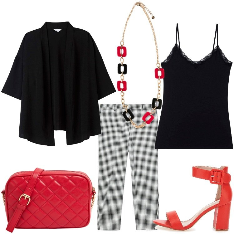 Outfit donna - Vichy. Stile Boho per Tutti i giorni. Abbinamento con kimono, borse a tracolla, canottiere, sandali col tacco, pantaloni skinny, ciondoli.