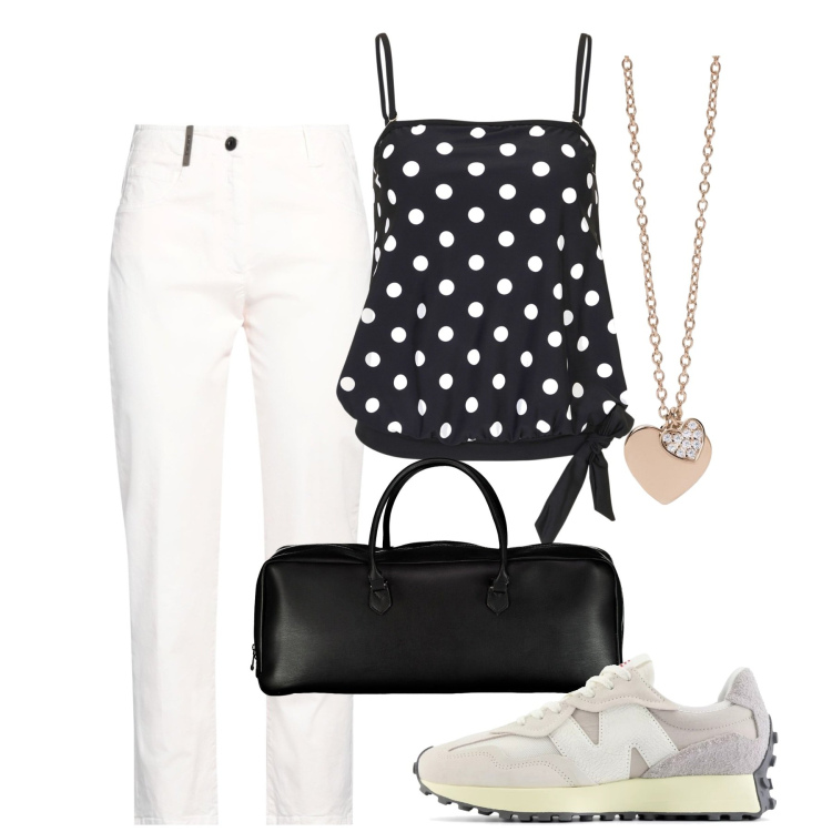 Outfit donna - Col cuore. Stile Bon Ton per Tutti i giorni. Abbinamento con top, pantaloni, ciondoli, sneakers, borse a mano.