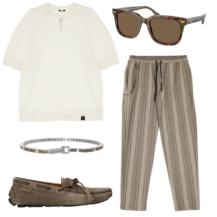 Outfit uomo - Righe ipnotiche. Stile Casual per Tutti i giorni. Abbinamento con braccialetti, t-shirt, pantaloni, scarpe stringate, occhiali da sole.