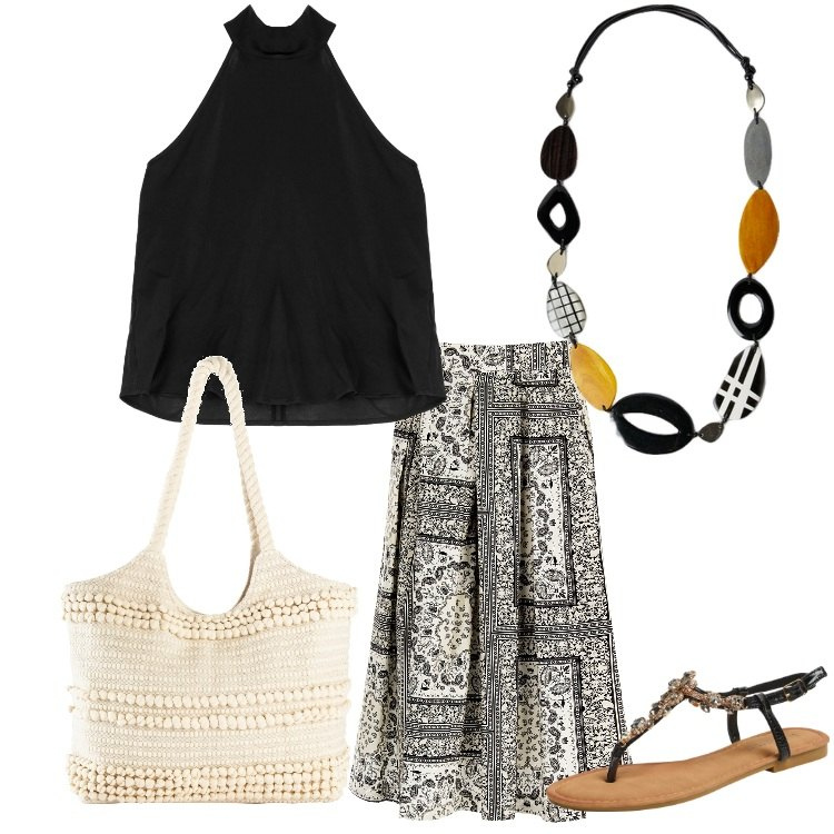 Outfit donna - Fiori e colori. Stile Boho per Serata fuori. Abbinamento con shopping bag, sandali gioiello, gonne lunghe, canottiere, collane.