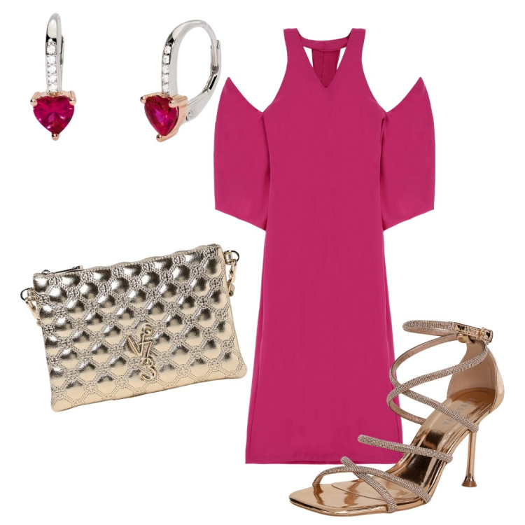 Outfit donna - Serata estiva. Stile Chic per Serata fuori. Abbinamento con sandali col tacco, orecchini, vestiti, borse a tracolla.