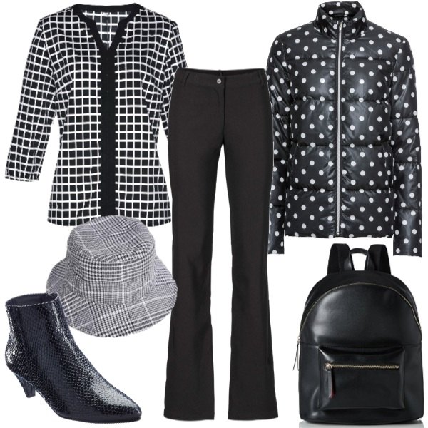 Outfit donna - Irresistibile mix & match. Stile Trendy per Ufficio. Abbinamento con pantaloni, piumino a pois, blusa fantasia nero, tronchetti animalier con zip nero, borsa zainetto nero, cappello a quadri.