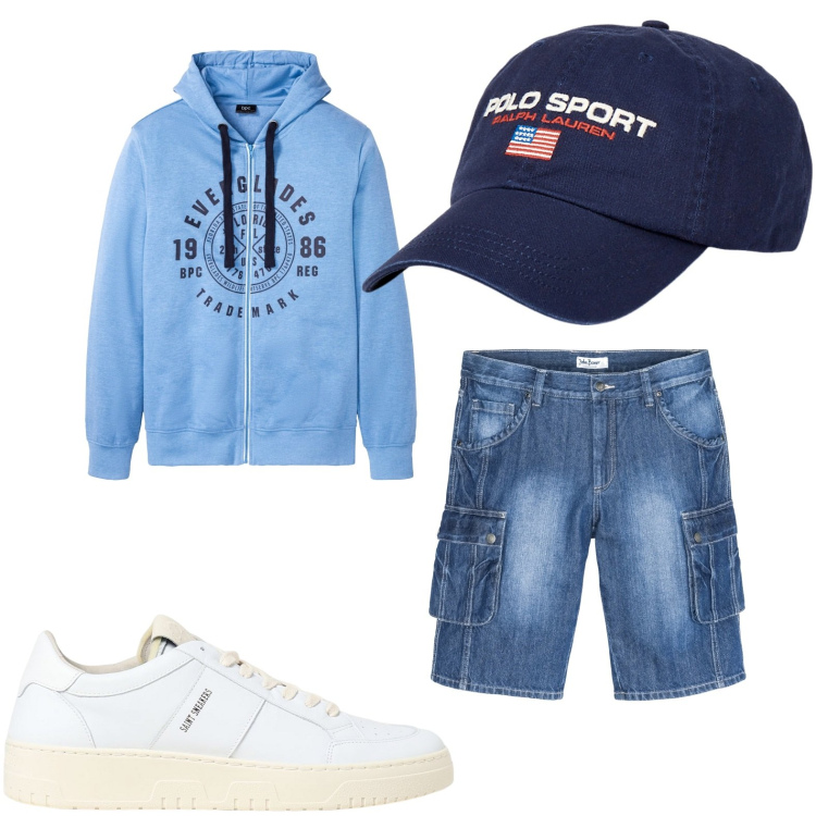 Outfit uomo - Apericena casual. Stile Casual per Tutti i giorni. Abbinamento con bermuda, felpe con cappuccio, berretti, sneakers.