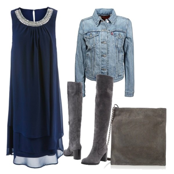 Outfit donna - Basic #17660. Stile Basic per Tutti i giorni. Abbinamento con vestiti, stivali effetto scamosciato con tacco squadrato e zip con punta tonda tinta unita, borsa a spalla grigio e nero, giacca in denim blu.