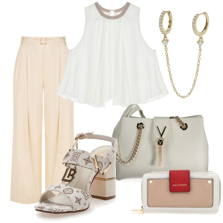 Outfit donna - Curvy serata estiva. Stile Chic per Serata fuori. Abbinamento con orecchini, pantaloni, top, borse a spalla, portafogli, sandali col tacco.