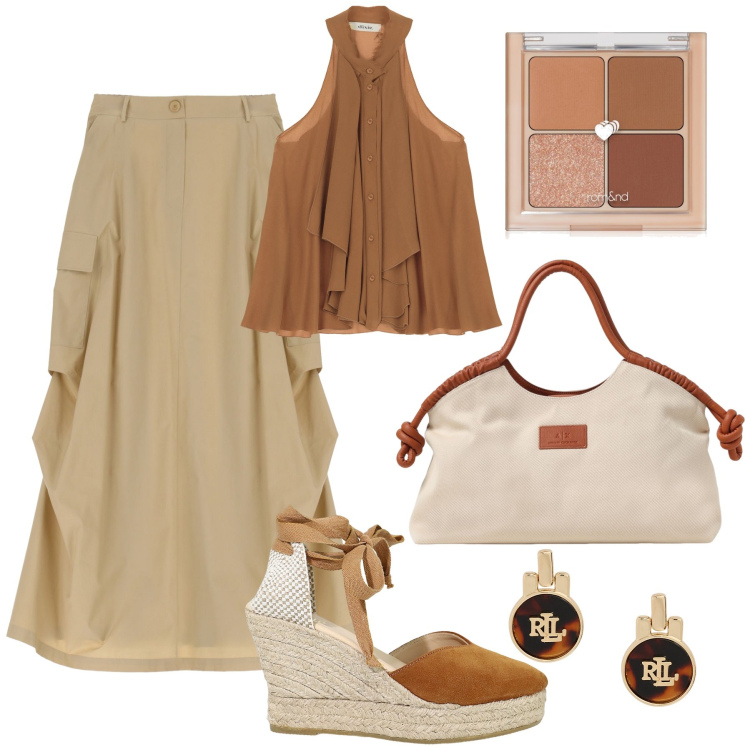 Outfit donna - Freschezza e praticità con stile. Stile Trendy per Tutti i giorni. Abbinamento con ombretti, gonne lunghe, top, zeppe, orecchini, borse a mano.
