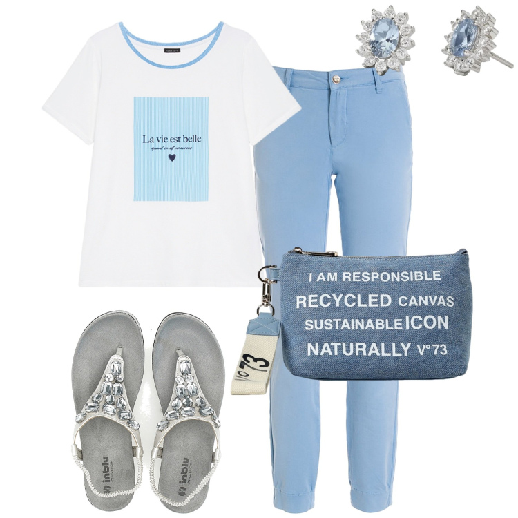 Outfit donna - Agosto. Stile Casual per Tutti i giorni. Abbinamento con orecchini, pantaloni, t-shirt, sandali gioiello, borse a tracolla.