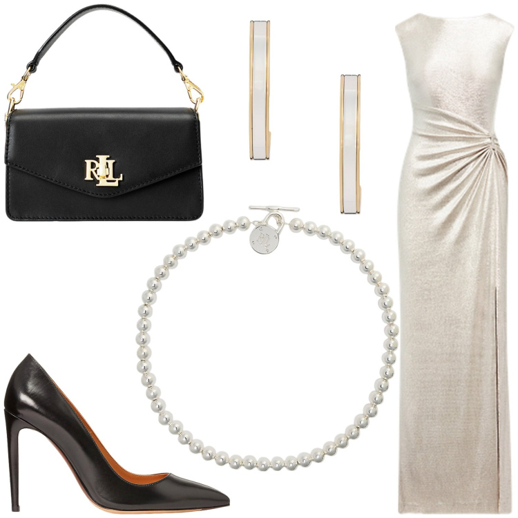 Outfit donna - Total look #1940225. Stile Chic per Serata fuori. Abbinamento con collane, vestiti, décolleté, borse a tracolla, orecchini.