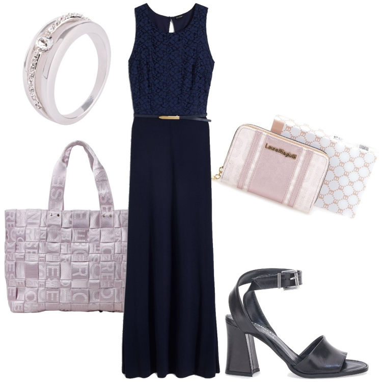 Outfit donna - L’abito estivo per la sera. Stile Boho per Serata fuori. Abbinamento con vestiti lunghi, anelli, sandali in pelle, borse a spalla, portafogli.