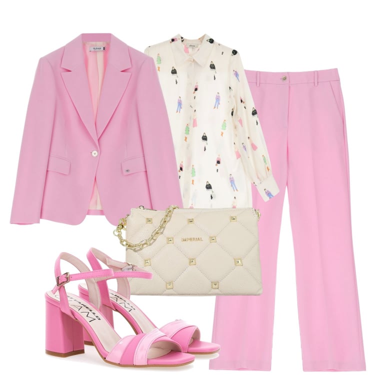 Outfit donna - Cerimonia. Stile Chic per Cerimonia. Abbinamento con pantaloni, blazer, pochette, camicie, sandali col tacco.