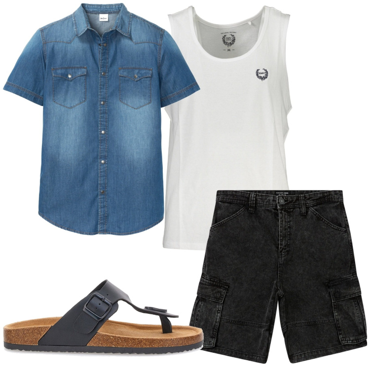 Outfit uomo - Camicia in denim. Stile Casual per Tutti i giorni. Abbinamento con camicie a manica corta, pantaloni corti, sandali, canottiere.