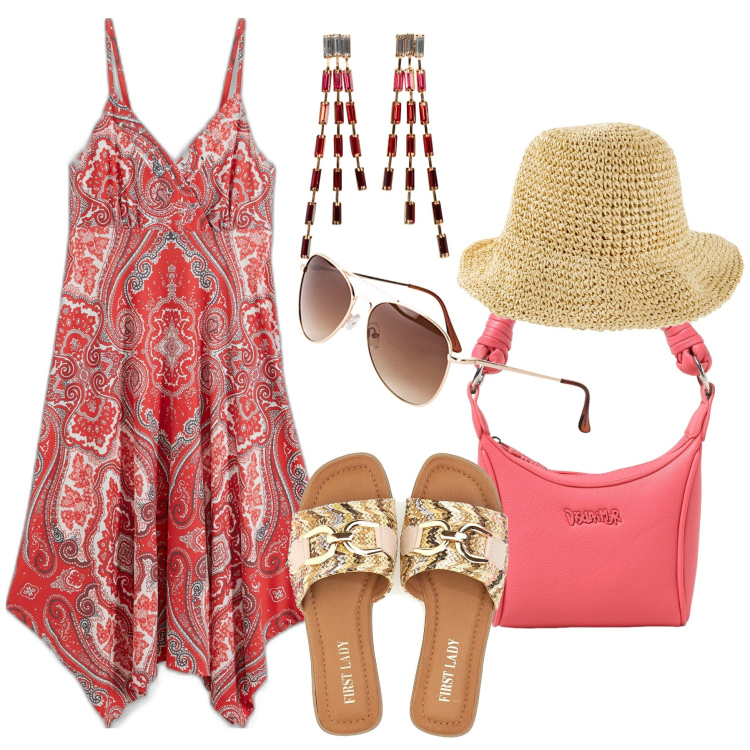 Outfit donna - Corallo in passeggiata. Stile Boho per Tutti i giorni. Abbinamento con occhiali da sole, orecchini, cappelli, vestiti, borse a spalla, ciabatte.