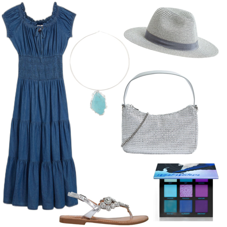 Outfit donna - Estate boho chic in denim. Stile Boho per Tutti i giorni. Abbinamento con vestiti lunghi, ombretti, cappelli, borse a tracolla, sandali, ciondoli.
