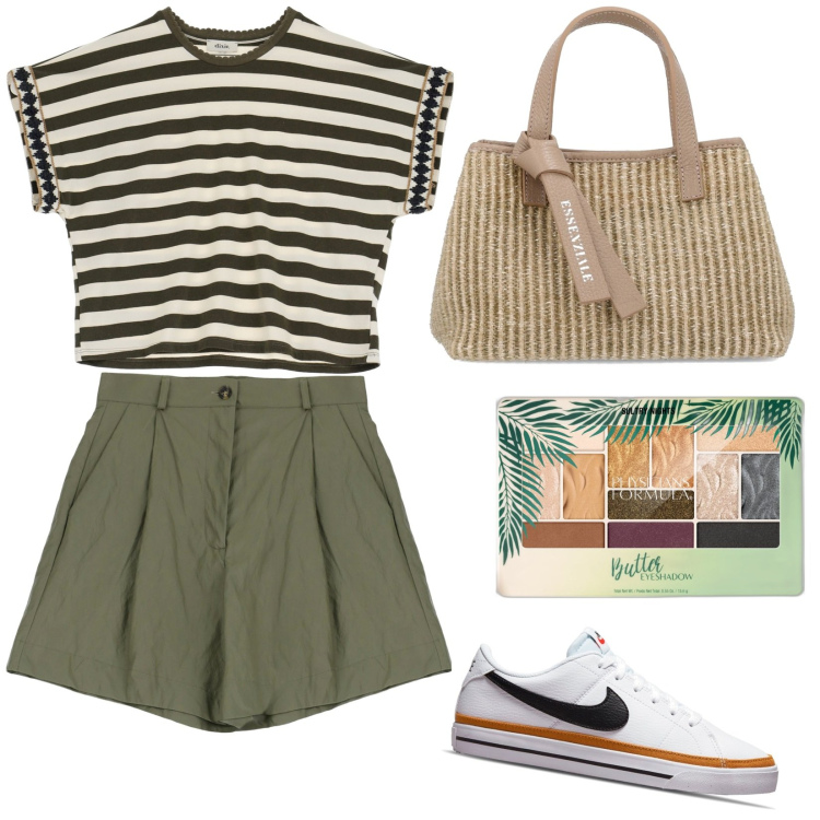Outfit donna - Adoro le righe. Stile Casual per Tutti i giorni. Abbinamento con ombretti, shorts, t-shirt, sneakers, borse a mano.