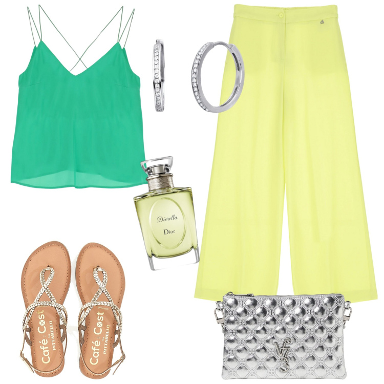 Outfit donna - Outfit per le vacanze. Stile Casual chic per Serata fuori. Abbinamento con orecchini, profumi, top, pantaloni, borse a tracolla, ciabatte.