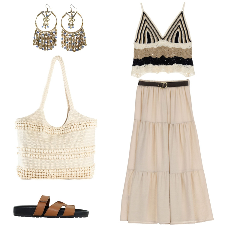 Outfit donna - Crop top crochet. Stile Boho per Tutti i giorni. Abbinamento con shopping bag, top, gonne lunghe, orecchini, sandali.