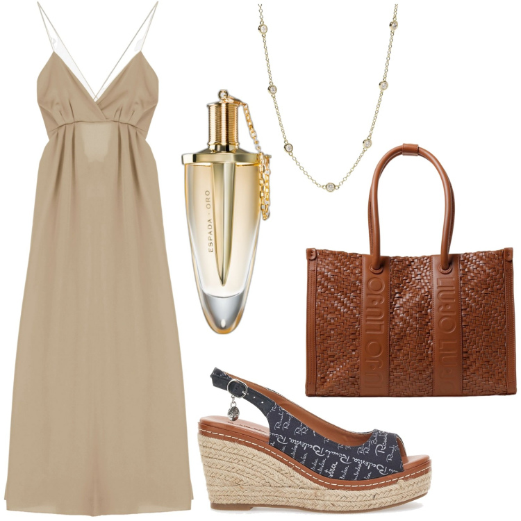 Outfit donna - La borsa intrecciata. Stile Casual chic per Tutti i giorni. Abbinamento con profumi, collane, vestiti lunghi, espadrillas, borse tote.